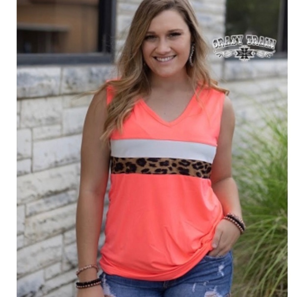 Coral tie knot cheetah print striped tank
